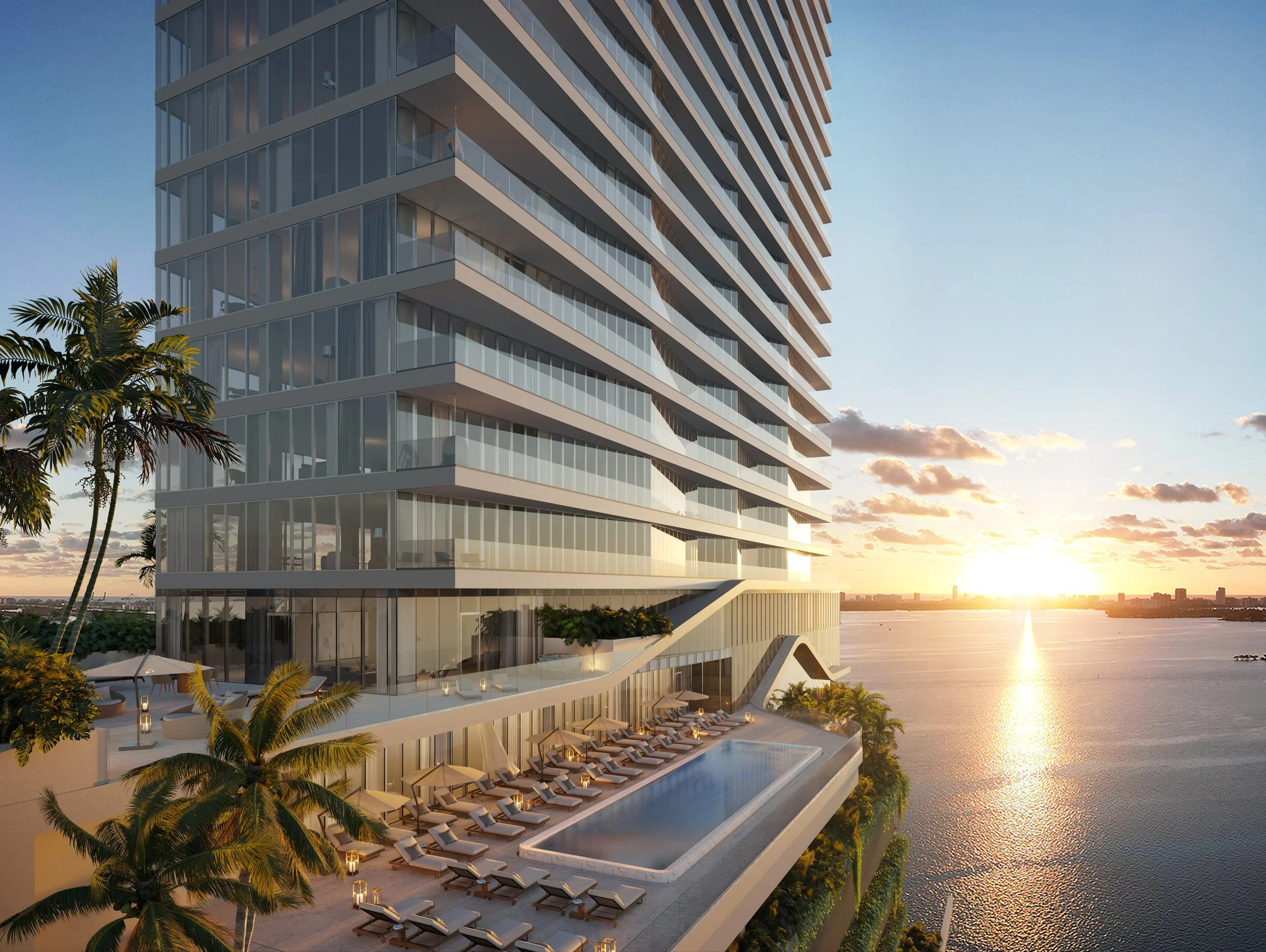 Miami luxury waterfront tower at sunset