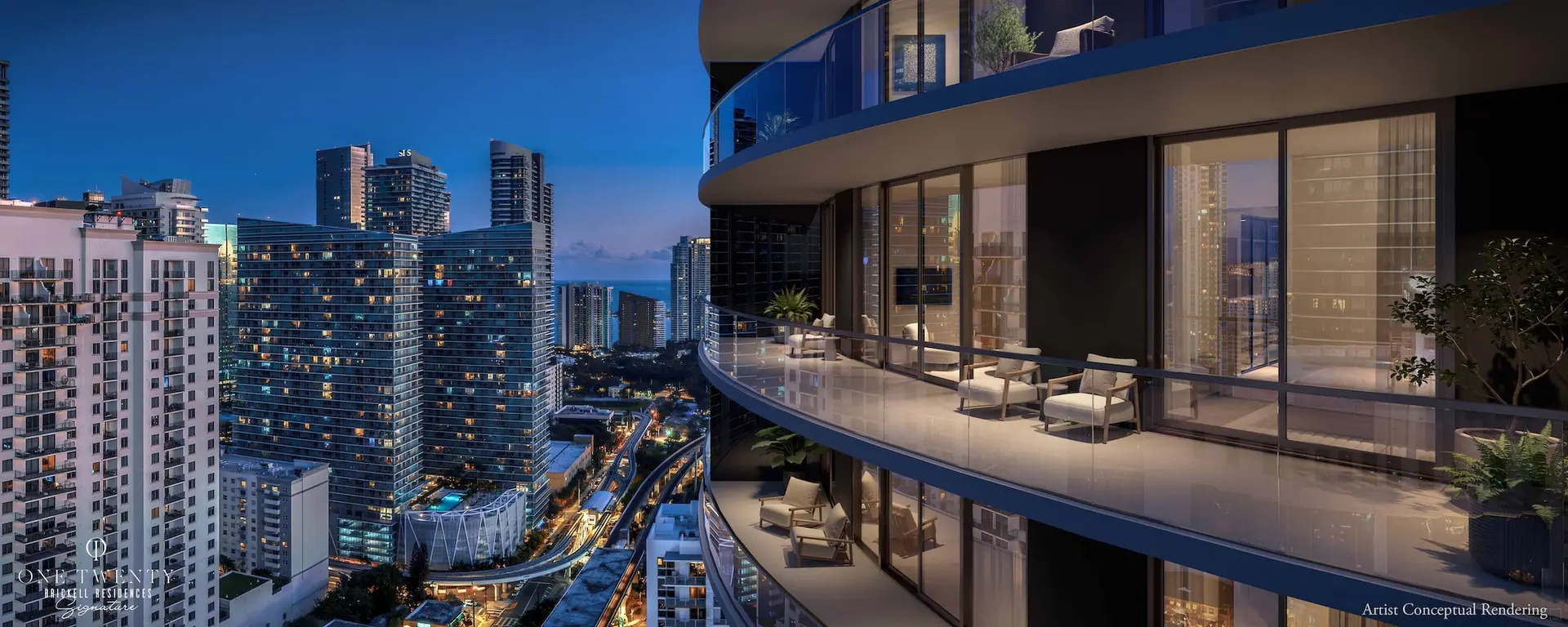Brickell luxury high-rise balcony at night